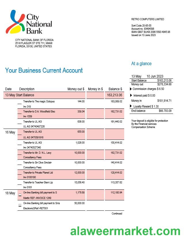 City National Bank of Florida firm account statement Word and PDF template
